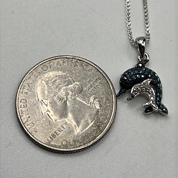 1/10 CTW BLUE & WHITE DIAMOND DOLPHIN PENDANT IN STERLING ON 16” STERLING CHAIN - Picture 5 of 8